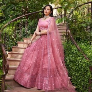 Elegant Pink Sequin Embroidered Net Lehenga Choli