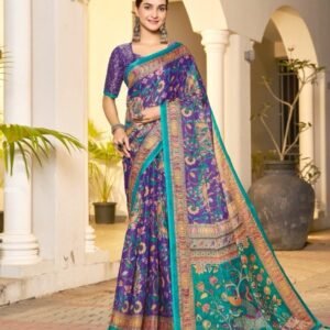 Elegant Purple Floral Print Handloom Saree