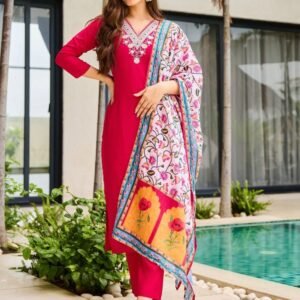 Elegant Rani Pink Embroidered Kurti with Floral Dupatta
