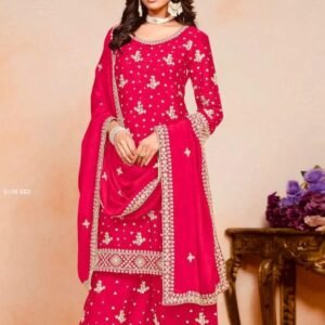 Elegant Red Embroidered Party Wear Sharara Outfit