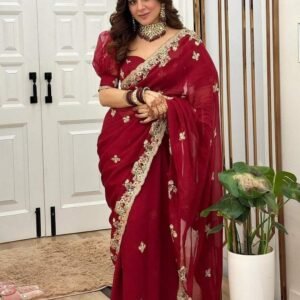 Elegant Red Georgette Multi Thread Embroidery Sequence Saree