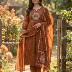 Elegant Rust Orange Cotton Kurti Pant Set With Printed Dupatta