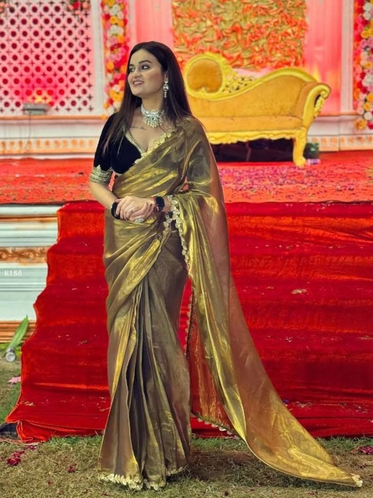 elegant shiny gold saree with 1740834258 Elegant Shiny Gold Saree With Stitched Velvet Blouse