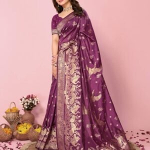 Elegant Soft Dola Silk Wine Color Saree with Bird Motif