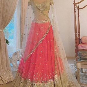 Elegant Soft Mono Net Embroidered Lehenga With Foil Mirror Work