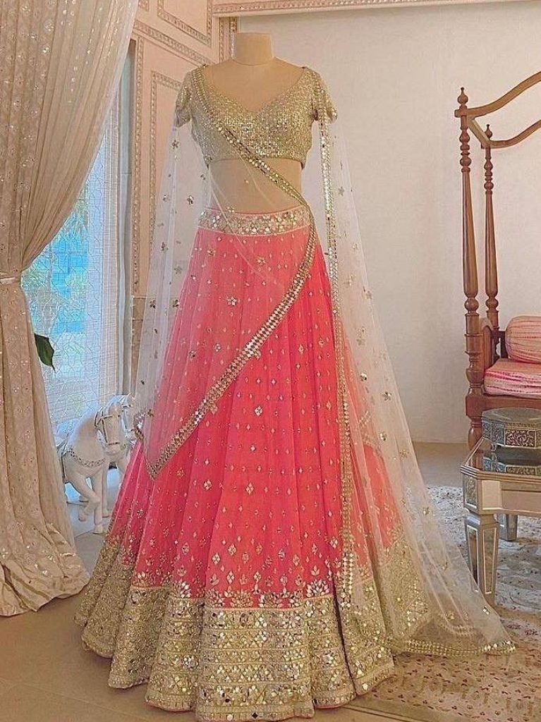 elegant soft mono net embroide 1728727440 Elegant Soft Mono Net Embroidered Lehenga With Foil Mirror Work