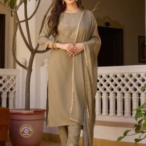 Elegant Tan Colored Soft Rayon Embroidered Kurti Pant And Dupatta Set
