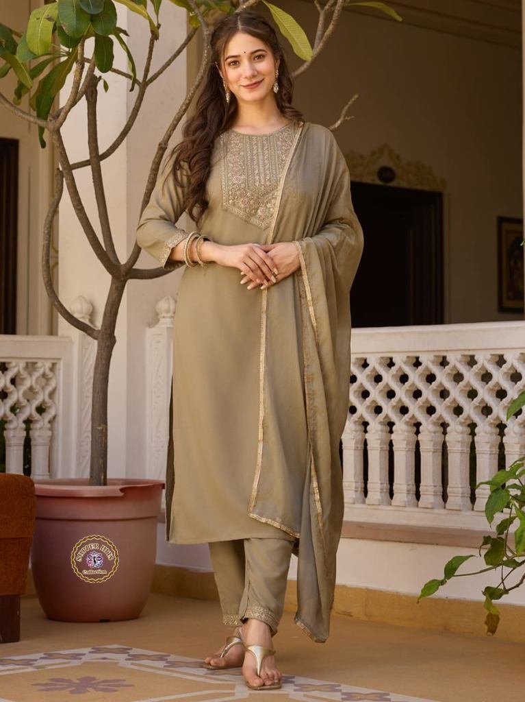 elegant tan colored soft rayon 1748861054 Elegant Tan Colored Soft Rayon Embroidered Kurti Pant And Dupatta Set