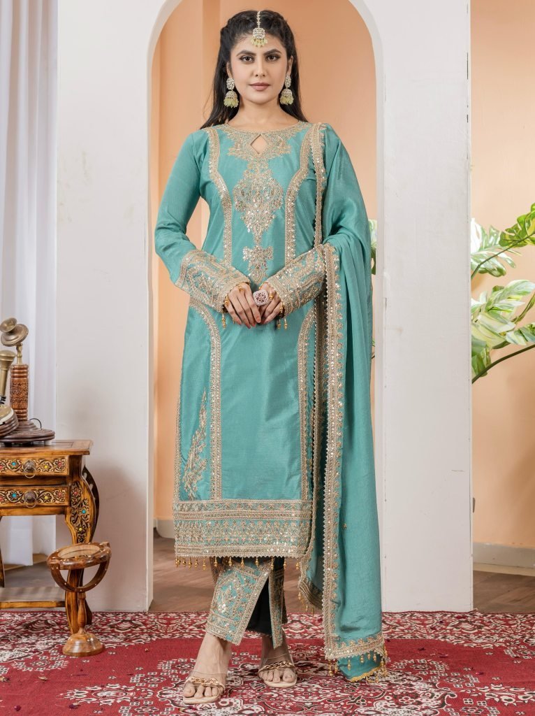 elegant teal blue embroidered 1740135220 Elegant Teal Blue Embroidered Straight Suit With Dupatta Pants