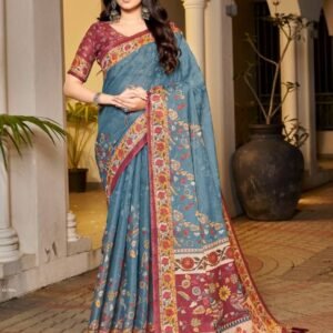 Elegant Teal Blue Handloom Saree with Maroon Floral Border
