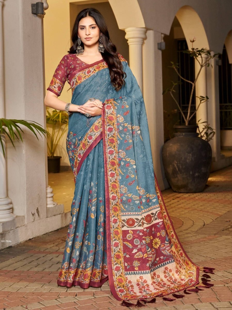 elegant teal blue handloom sar 1775815605 Elegant Teal Blue Handloom Saree with Maroon Floral Border
