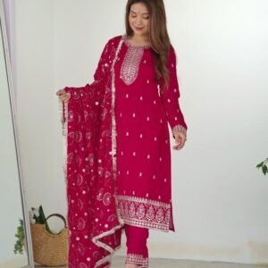 Elegant Vichitra Silk Jari Work Pink Kurti With Pant Set