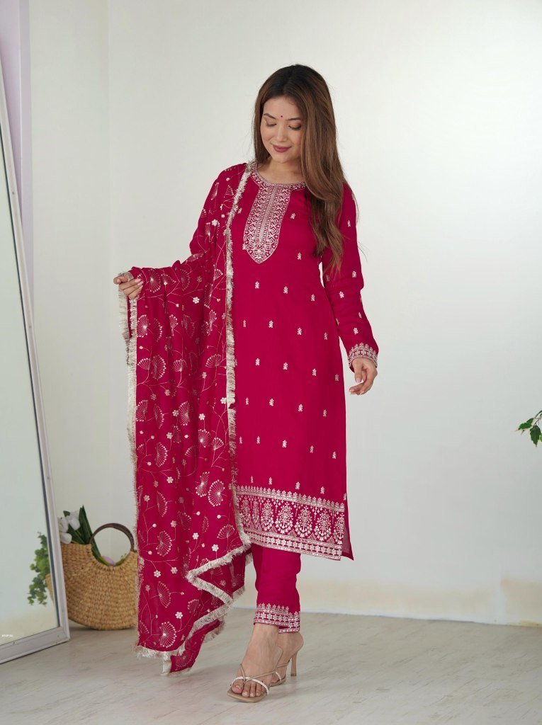 elegant vichitra silk jari wor 1742898256 Elegant Vichitra Silk Jari Work Pink Kurti With Pant Set