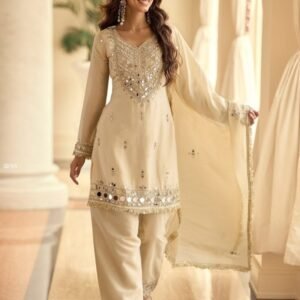 Elegant Vichitra Silk Kurti Set with Mirror Work With Dupatta