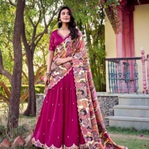 Elegant Vichitra Silk Lehenga with Sequins Kalamkari Print Border
