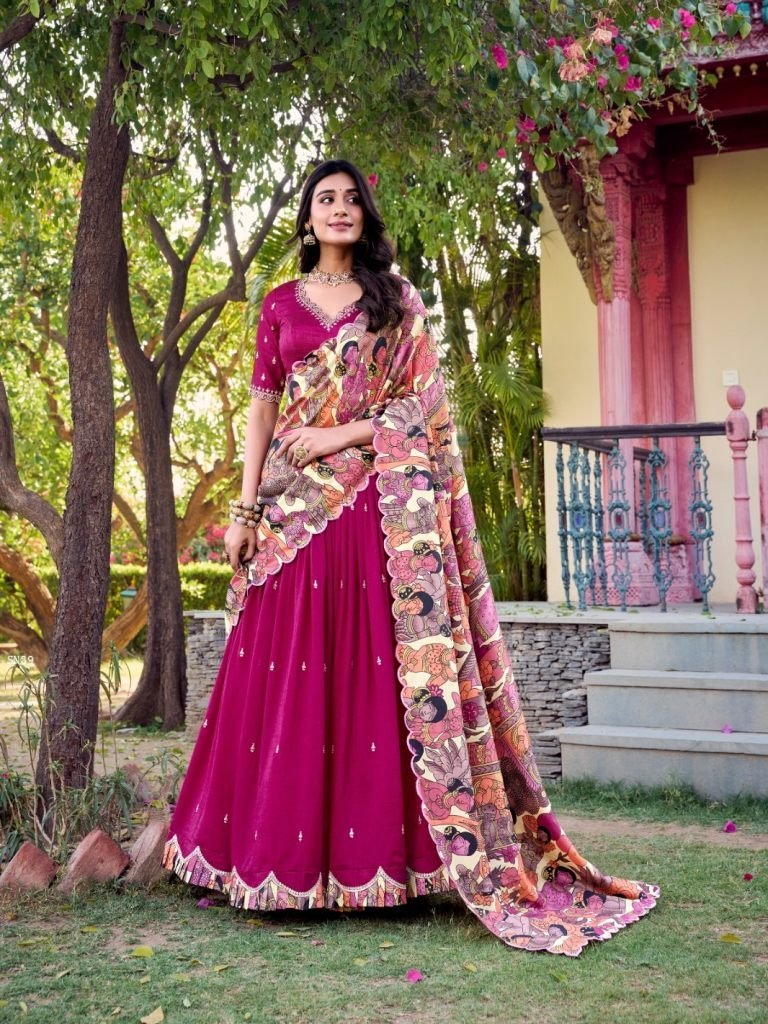 elegant vichitra silk lehenga 1761892567 Elegant Vichitra Silk Lehenga with Sequins Kalamkari Print Border
