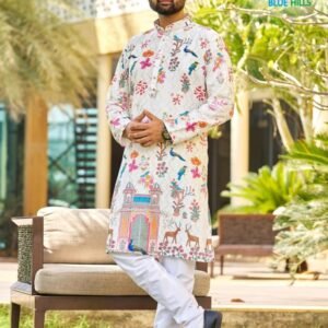 Elegant White Ethnic Wear Mens Printed Kurta