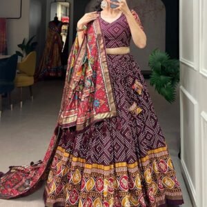 Elegant Wine Bandhej and Patola Print Tussar Silk Lehenga Choli