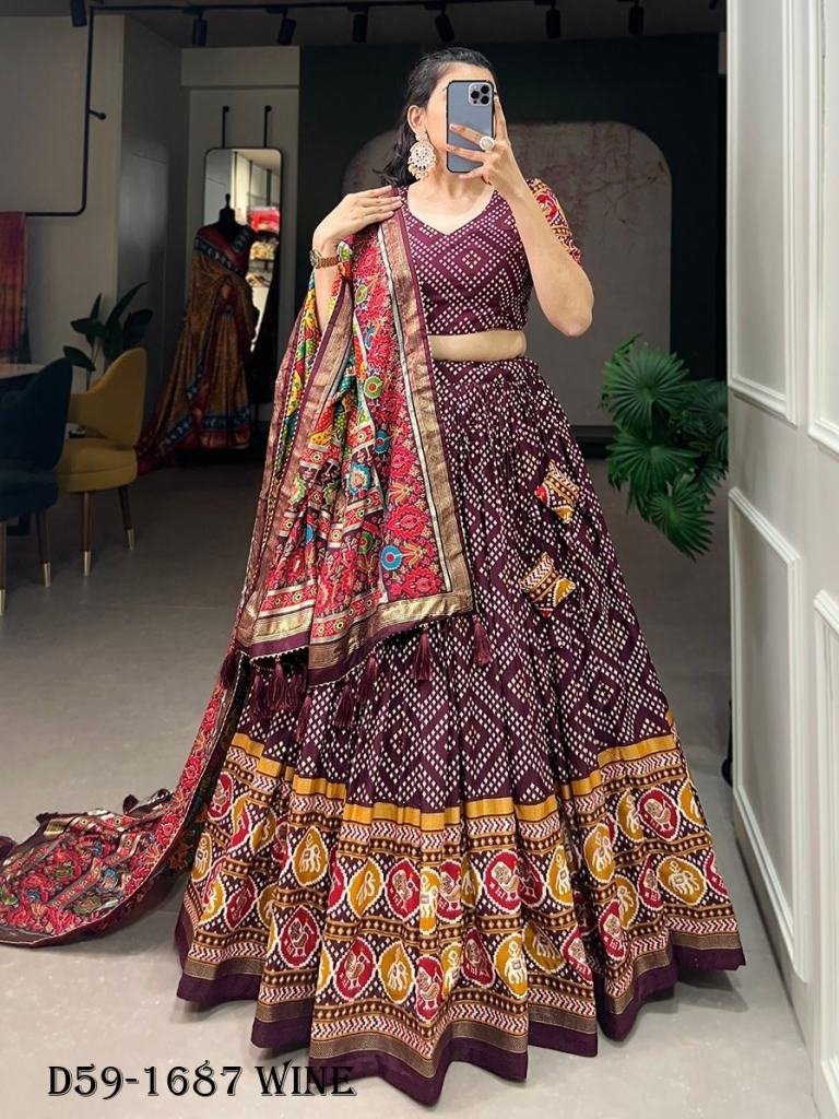 elegant wine bandhej and patol 1718960192 Elegant Wine Bandhej and Patola Print Tussar Silk Lehenga Choli