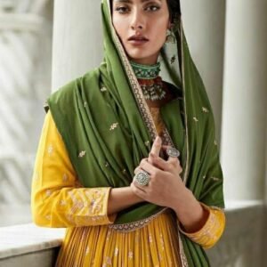 Elegant Yellow and Mehendi Anarkali Suit with Intricate Embroidery