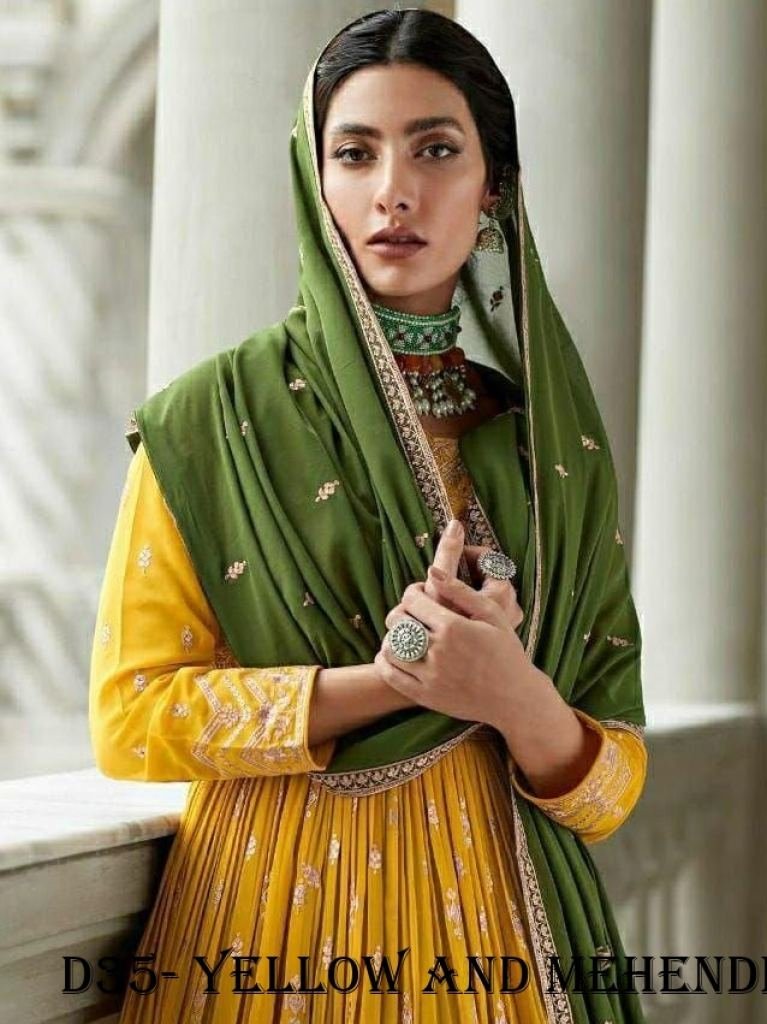 elegant yellow and mehendi ana 1718110447 Elegant Yellow and Mehendi Anarkali Suit with Intricate Embroidery