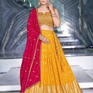 Elegant Yellow Ready Made Lehenga choli With Pink Dupatta
