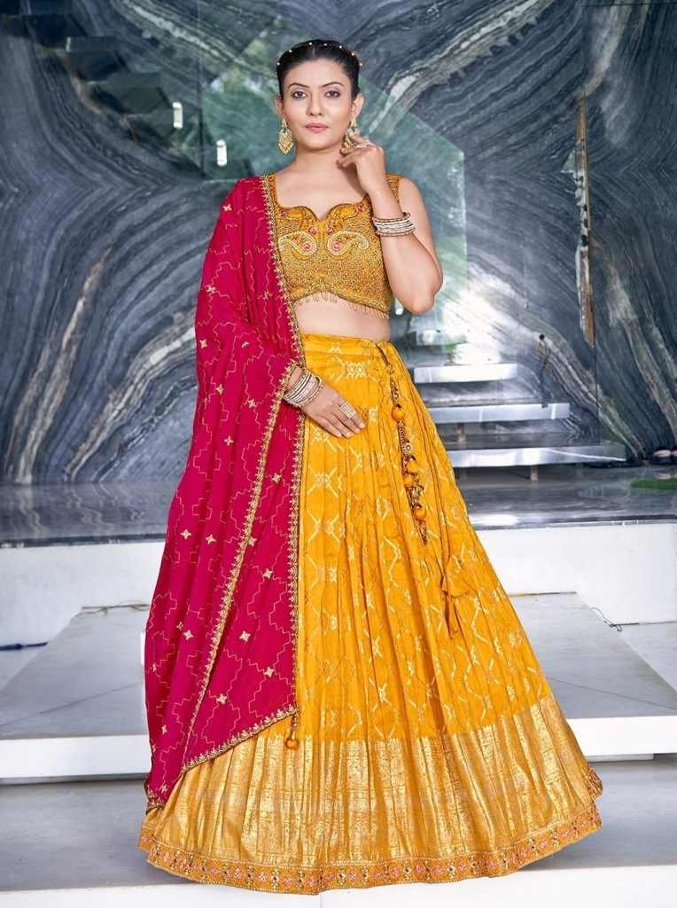 elegant yellow ready made lehe 1715335912 Elegant Yellow Ready Made Lehenga choli With Pink Dupatta