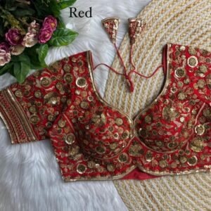 Elegent Red Roman Silk Beads Work Fully Stich Blouse