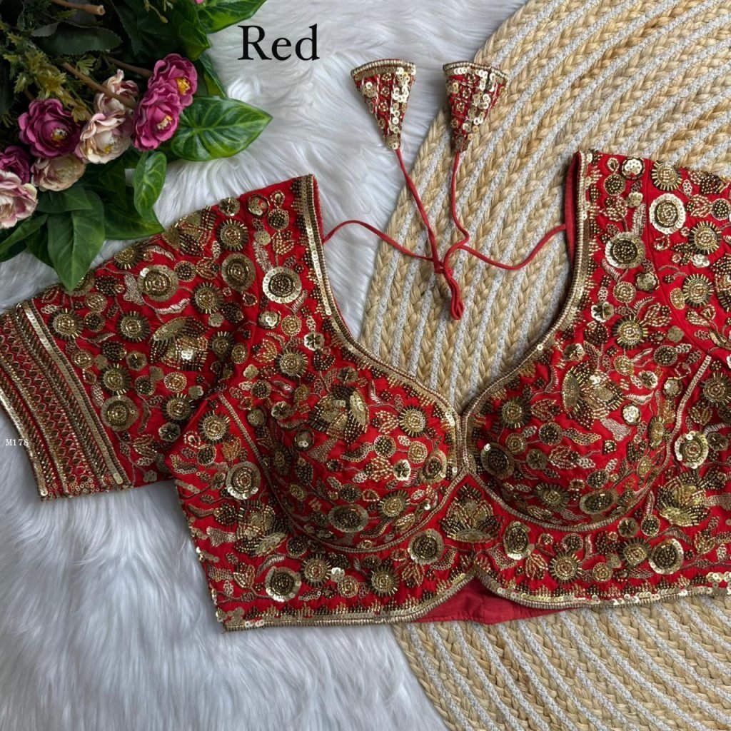 elegent red roman silk beads w 1767248939 Elegent Red Roman Silk Beads Work Fully Stich Blouse