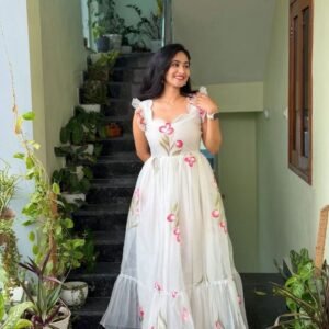 Elegent White Cotton Floral Print One Piece Dress