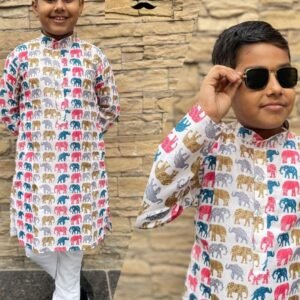 Elephant Printed Cotton Kids Kurta and Pyjama