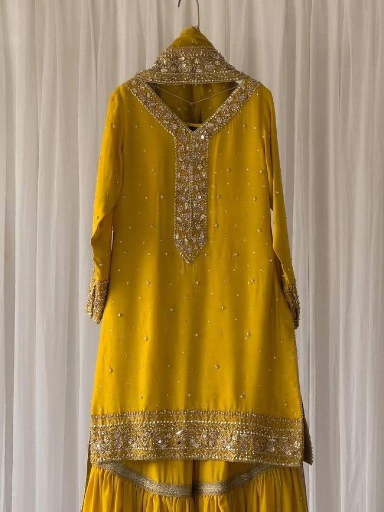 elusive musterd sequence and e 1727246322 Elusive Musterd Sequence And Embroidered Georgette Sharara Suits