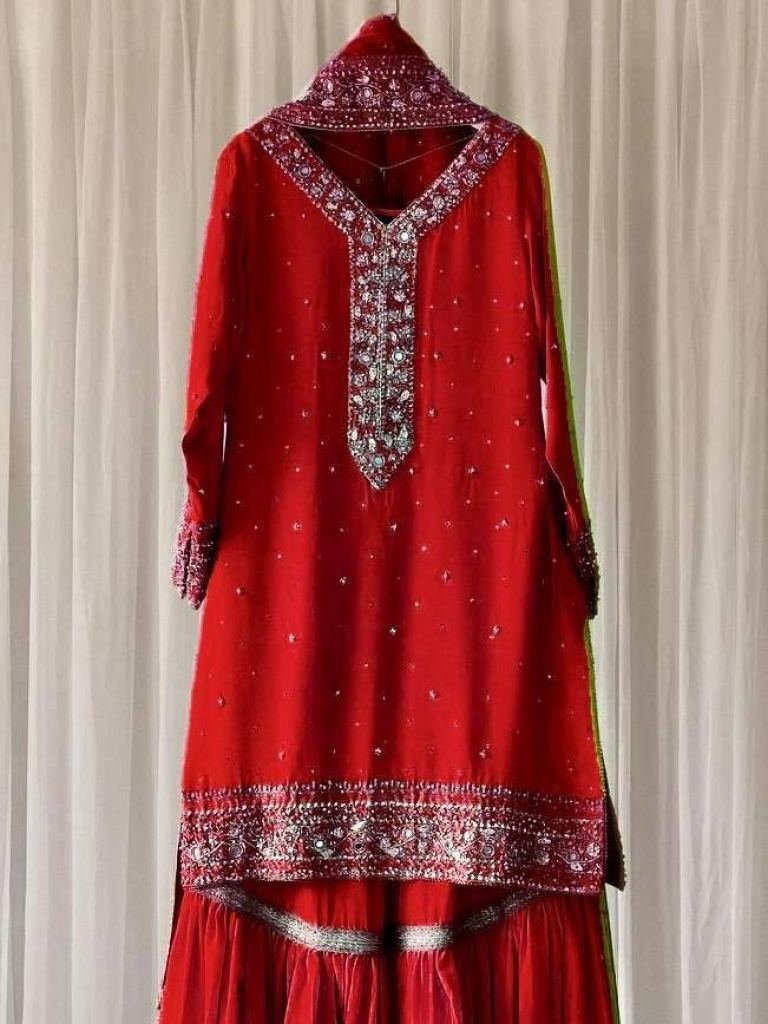 elusive red green sequence and 1727248430 Elusive Red Green Sequence And Embroidered Georgette Sharara Suits