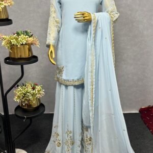 Embellished Sky Blue Color Embroidery Work Fancy Sharara Suit