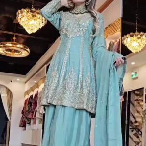Embroidered Chinon Silk Blue Sharara Set with Dupatta