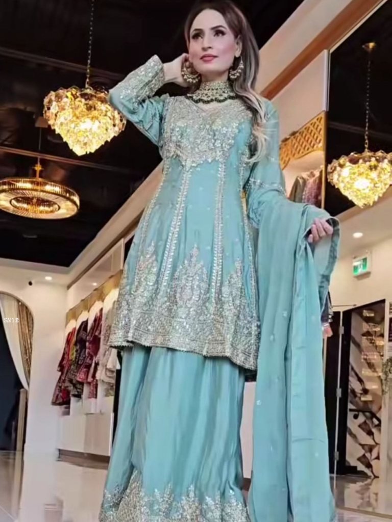 embroidered chinon silk blue s 1748091672 Embroidered Chinon Silk Blue Sharara Set with Dupatta