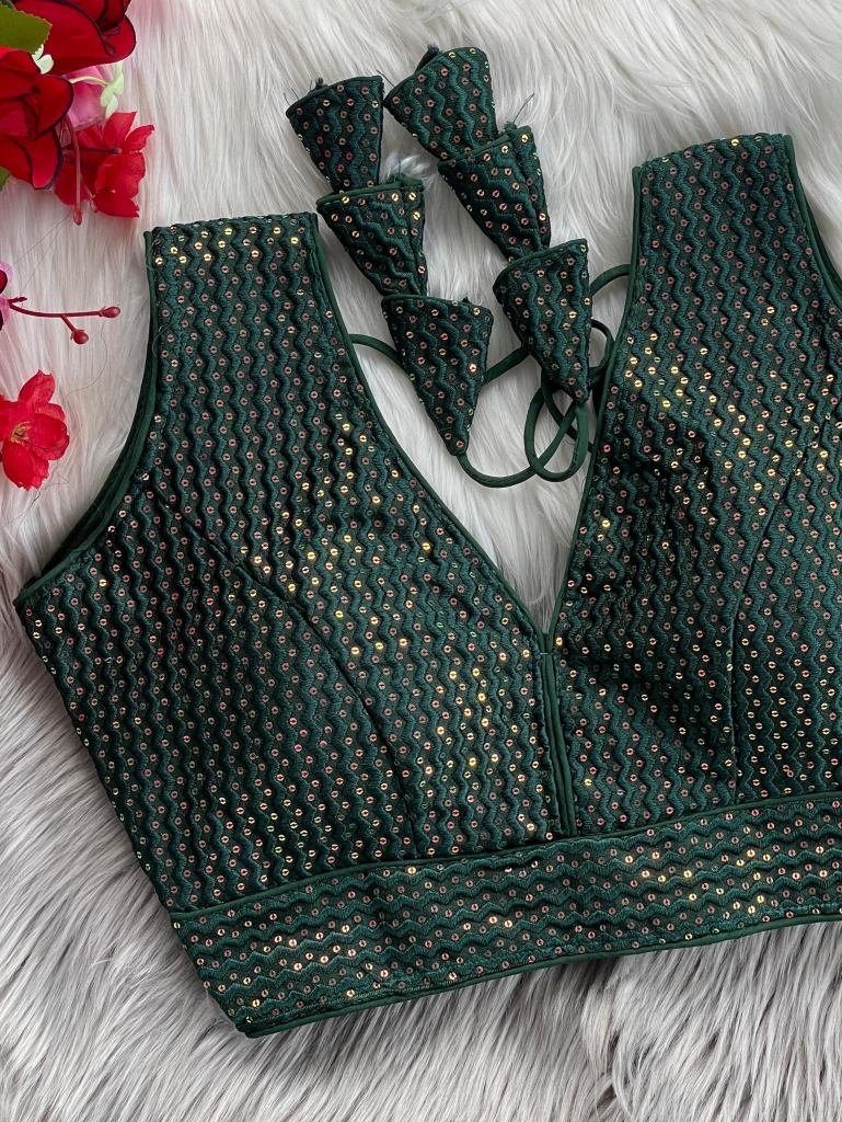 embroidered dark green pure cr 1728046874 Embroidered Dark Green Pure Crobra Silk Readymade Blouse