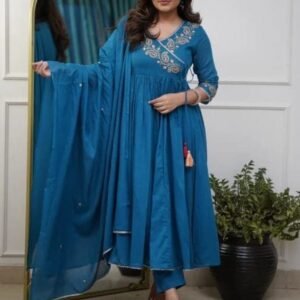 Embroidered Ocean Blue Parampara Kurti Pant Set With Dupatta