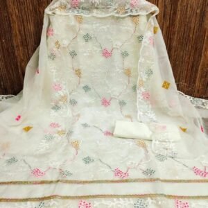 White Organza Embroidered Work Unstitched Suit