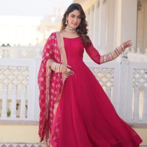 Embroidered Sleeve Pink Full Plain Gown with Embroidered Dupatta