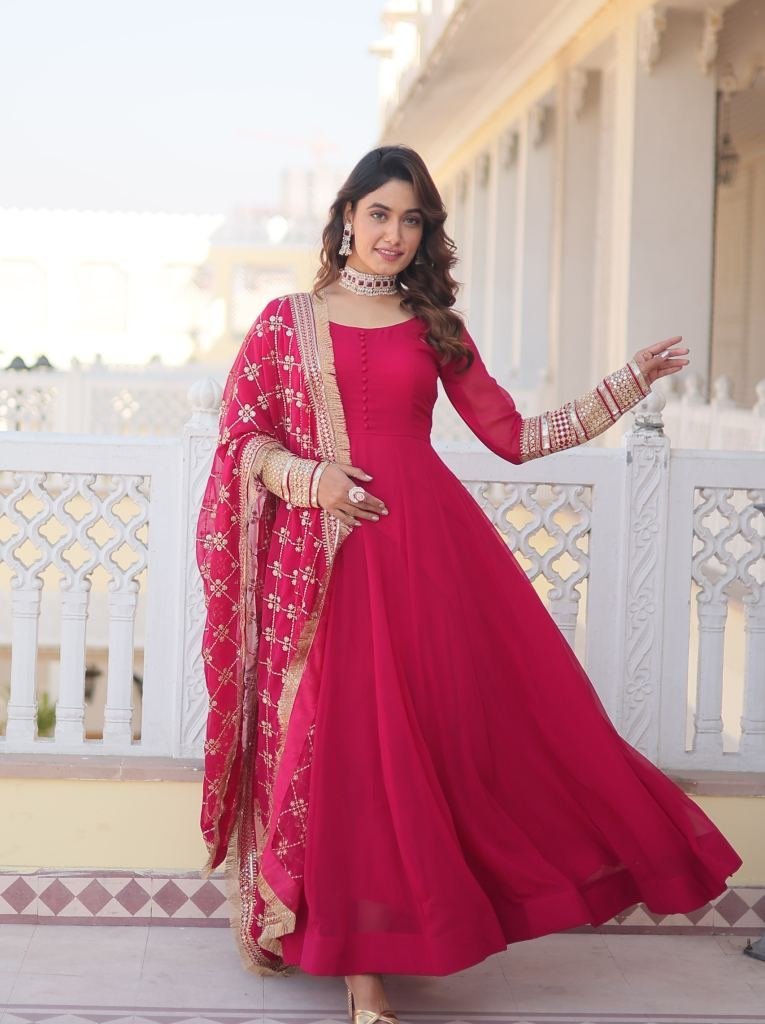 embroidered sleeve pink full p 1729083645 Embroidered Sleeve Pink Full Plain Gown with Embroidered Dupatta