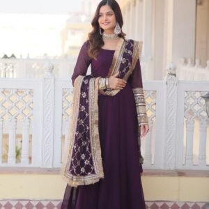 Embroidered Sleeve Wine Full Plain Gown with Embroidered Dupatta