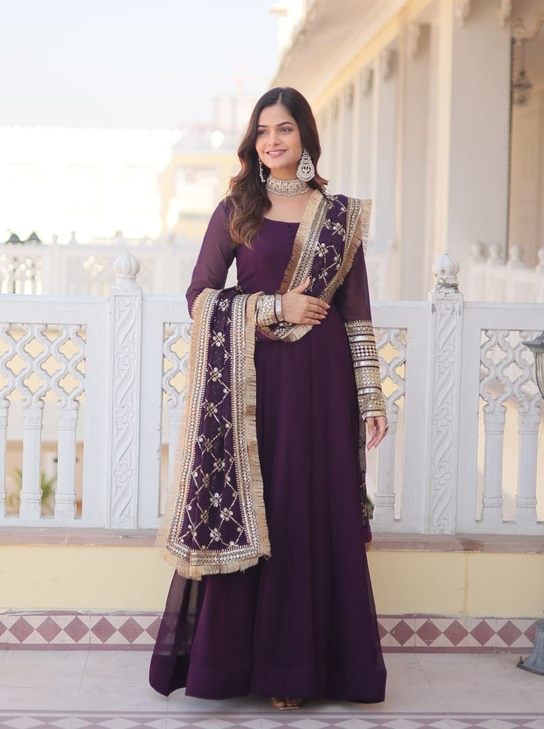 embroidered sleeve wine full p 1729082852 Embroidered Sleeve Wine Full Plain Gown with Embroidered Dupatta