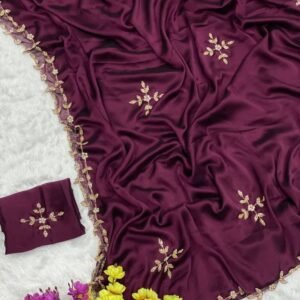 Embroidered Wine Silk Silk Blend Handwork Saree