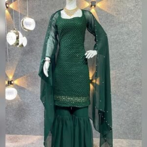Embroidered Work Faux Georgette Green Sharara Suit