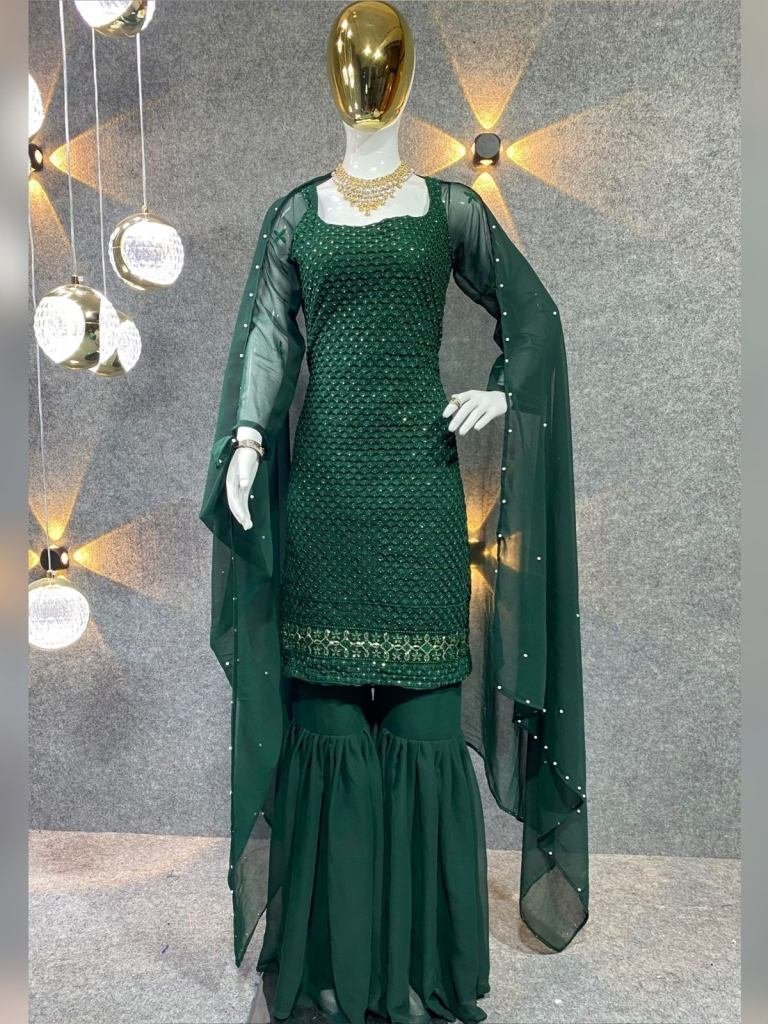 embroidered work faux georgett 1728992264 Embroidered Work Faux Georgette Green Sharara Suit