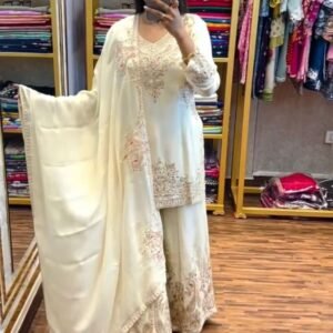 Embroidery Sequence Work White Palazzo Suit