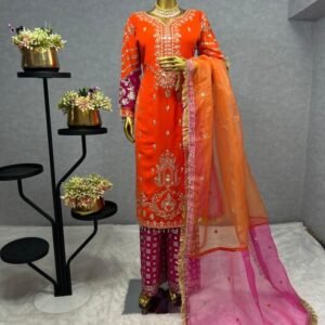 Embroidery Sequins Work Orange Kurti Pant And Dupatta