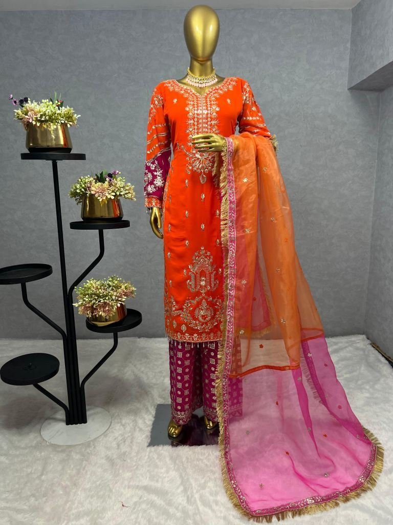 embroidery sequins work orange 1727268184 Embroidery Sequins Work Orange Kurti Pant And Dupatta