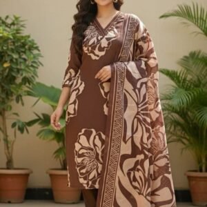 Embroidery Work Brown Colour Kurti Pant Dupatta Set